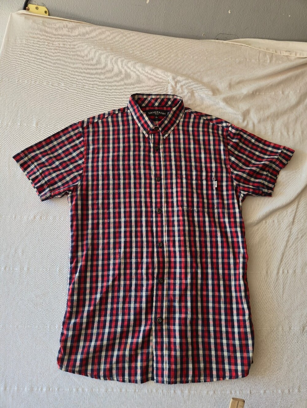 Tankfarm & Co. Men's Short Sleeve Button-Up Shirt, Large, Red Navy Plaid